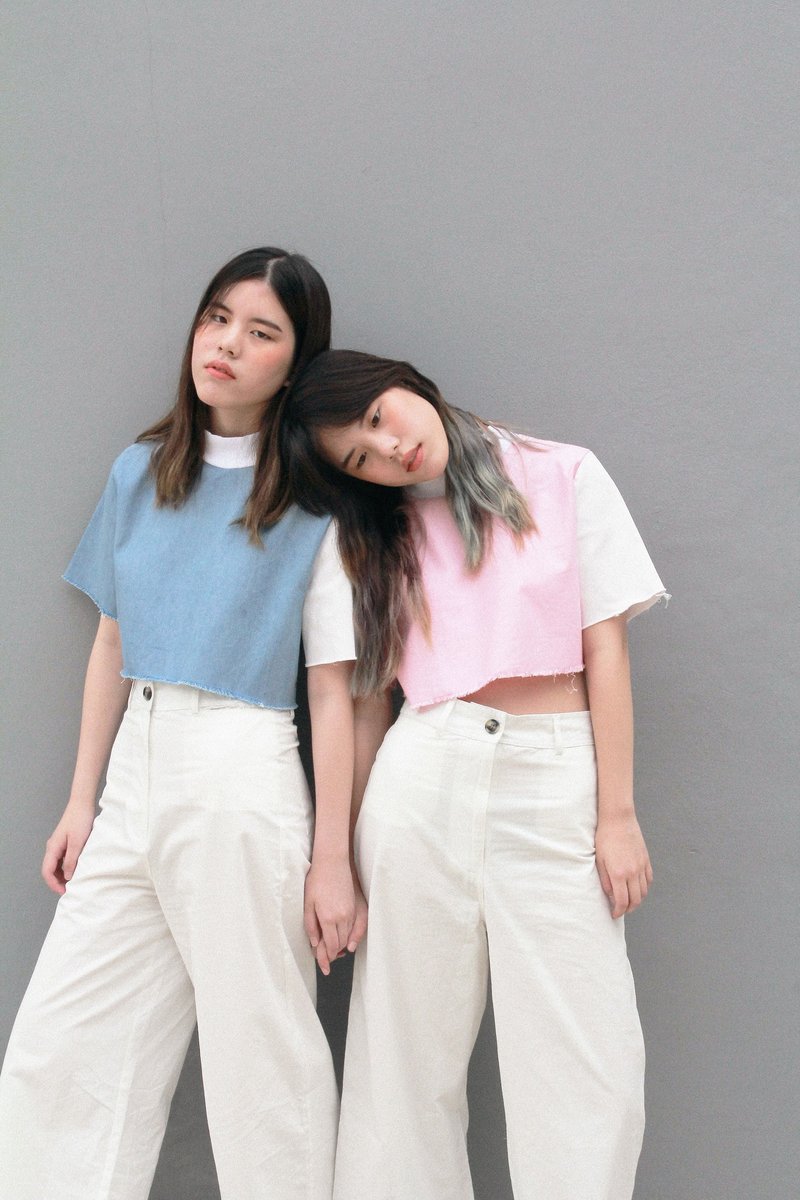 蓝白 CROP DENIM TOP - 女装上衣 - 其他材质 蓝色