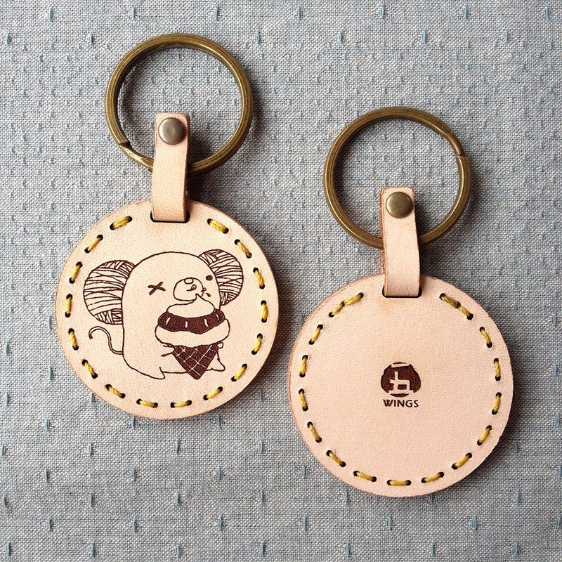 手缝/皮革钥匙圈【独眼鼠】 - 钥匙链/钥匙包 - 真皮 卡其色