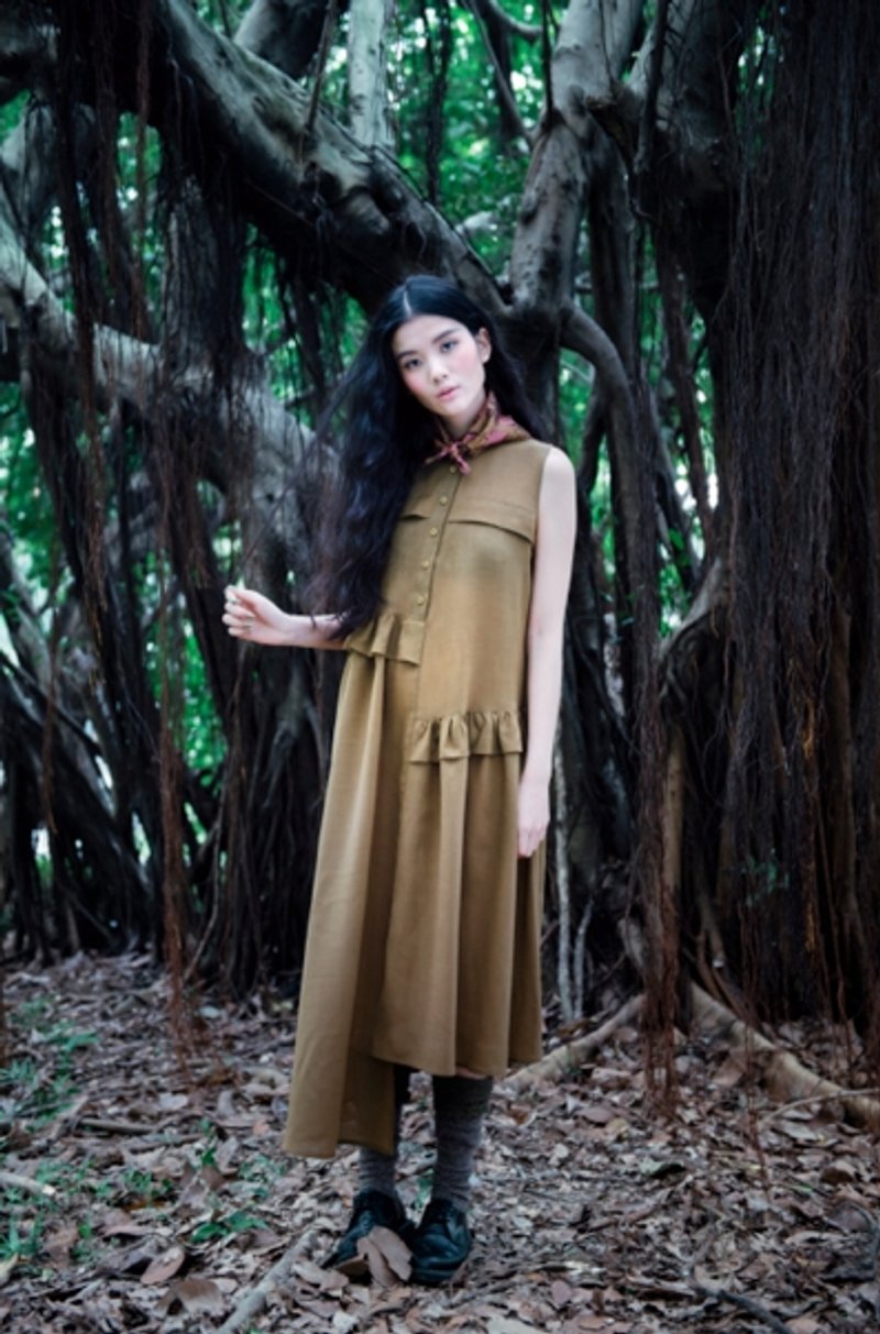 Envol Avec Ning芥末色花园不对称洋装（黑色款） - 洋装/连衣裙 - 其他材质 金色