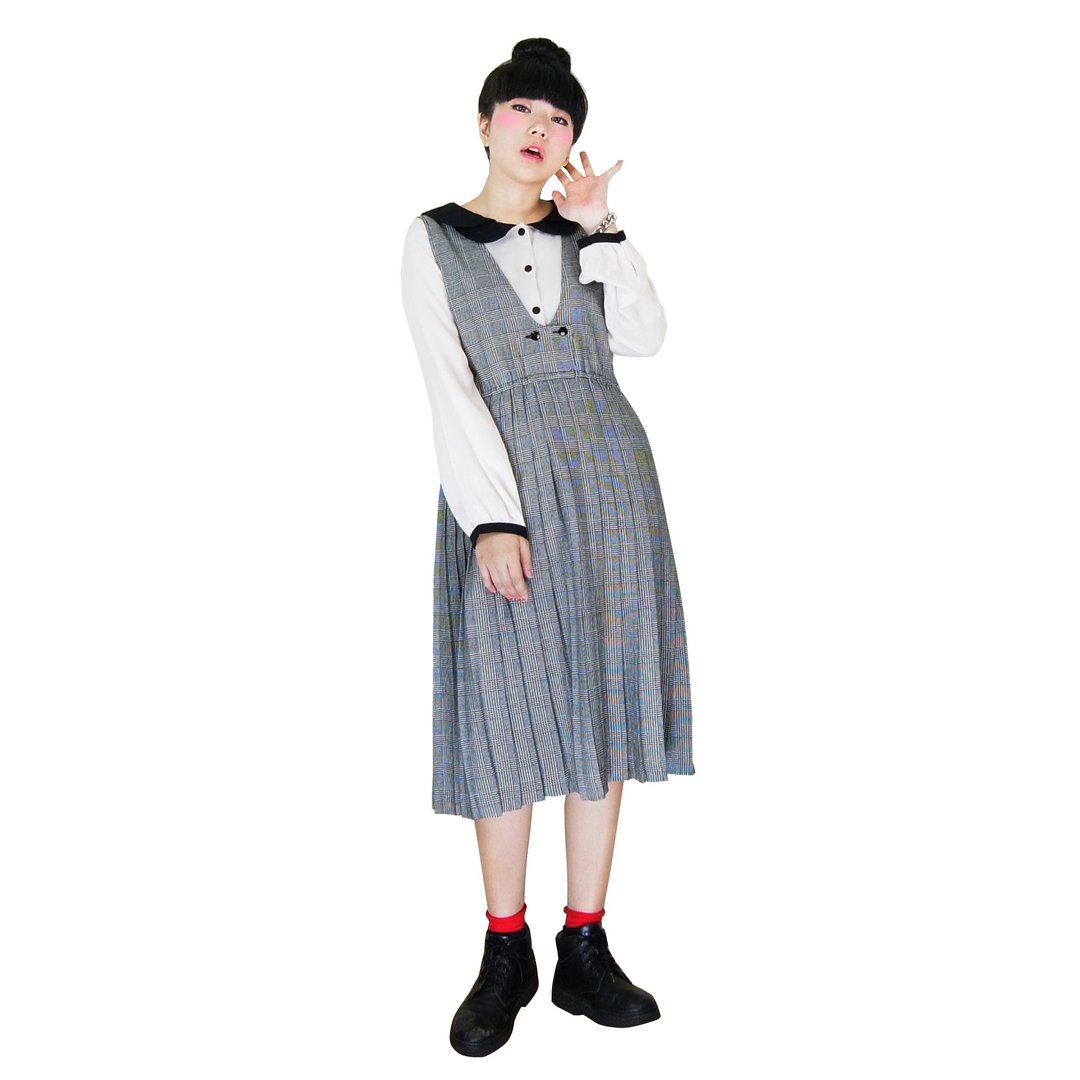 A·PRANK :DOLLY :: 复古着VINTAGE灰色学院风格纹百褶裙背心洋装 - 洋装/连衣裙 - 棉 多色