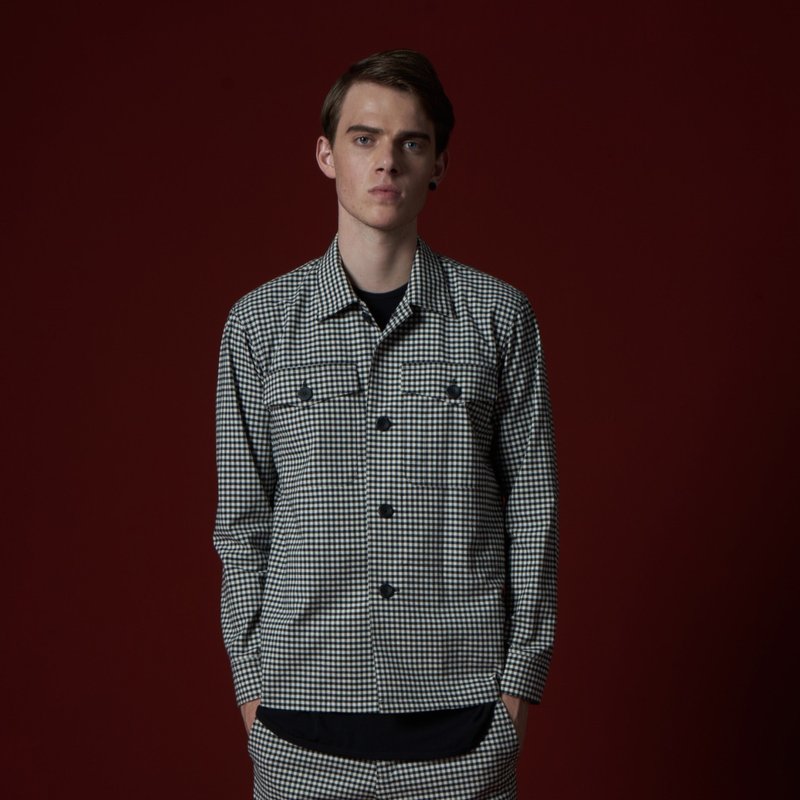 Stone'As Plaid Shirt / 黑白 格纹  格子 衬衫 外套 - 男装衬衫 - 棉．麻 黑色