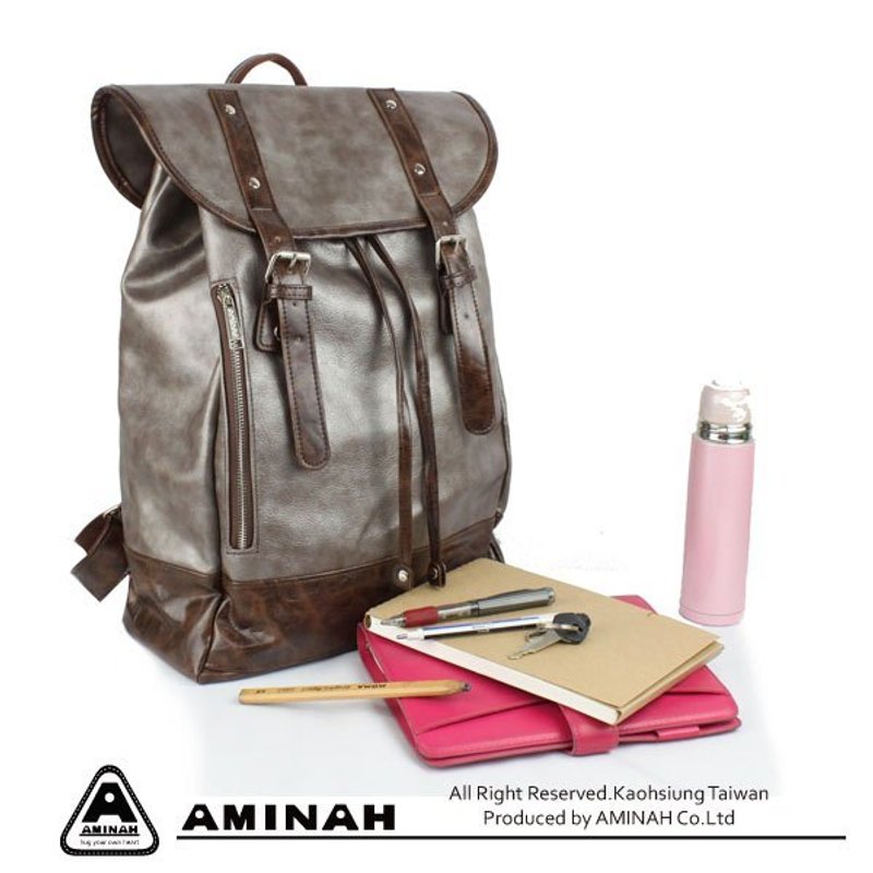 AMIMAH-特制皮革.原创中性金属皮革缤纷灰银后背包(2色) - 侧背包/斜挎包 - 真皮 