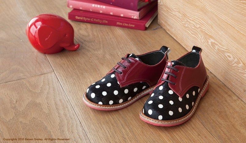 Beven Smiley。真皮儿童德比鞋(马毛款-酒红色+黑色)波尔卡圆点 - 童装鞋 - 真皮 红色