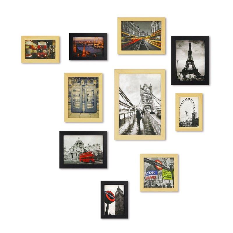 北欧简约相框墙 原木色+黑色 10入组合 室内设计 布置 照片墙 - 画框/相框 - 木头 卡其色