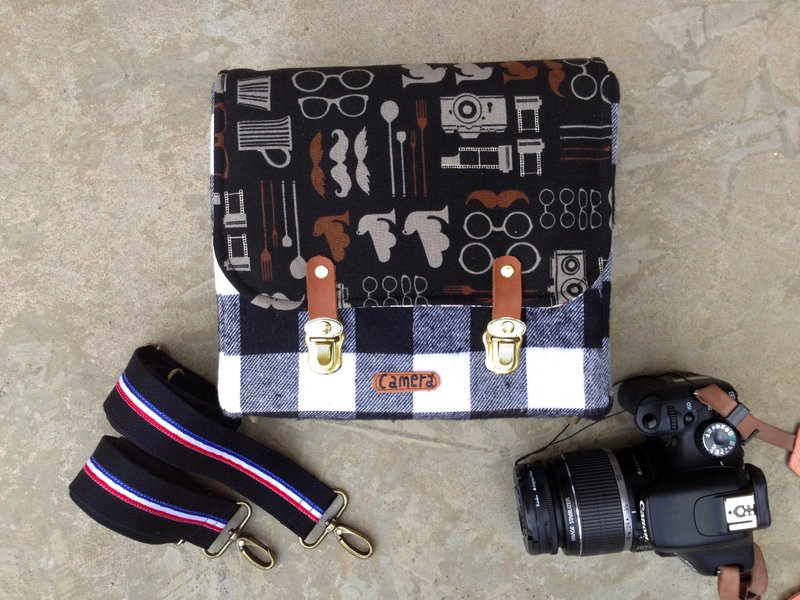 单眼相机后背.斜背两用包---相机,底片,眼镜,胡子,小鸟---黑白格纹 - 后背包/双肩包 - 其他材质 黑色