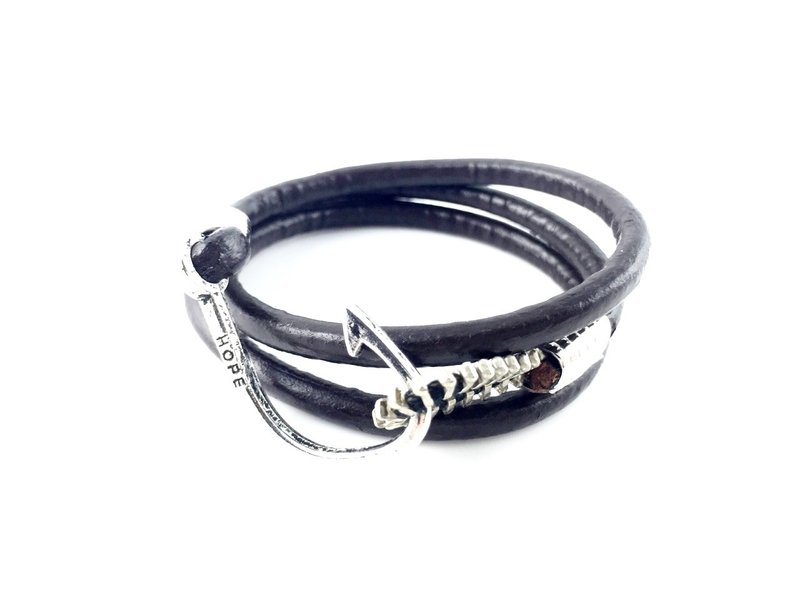 “牛皮深咖啡绳 x HOPE银色勾环” - 手链/手环 - 真皮 咖啡色