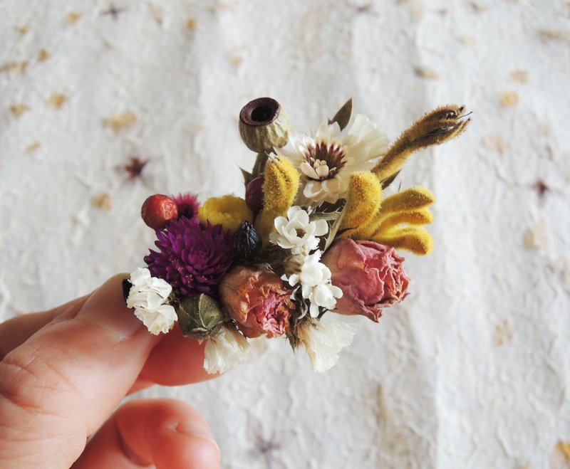 微甜·圈 经典系列 手作 澳洲袋鼠花 粉蔷葳 英国白梅 山归来 蜡菊 缎带 干燥花 发夹 新娘发饰 - 发饰 - 植物．花 黄色