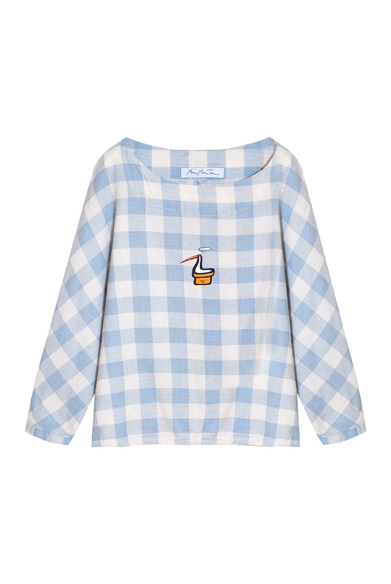 【最后一件】把话都憋在心里头／长嘴鸟淡蓝格子棉麻上衣 - 女装上衣 - 棉．麻 蓝色