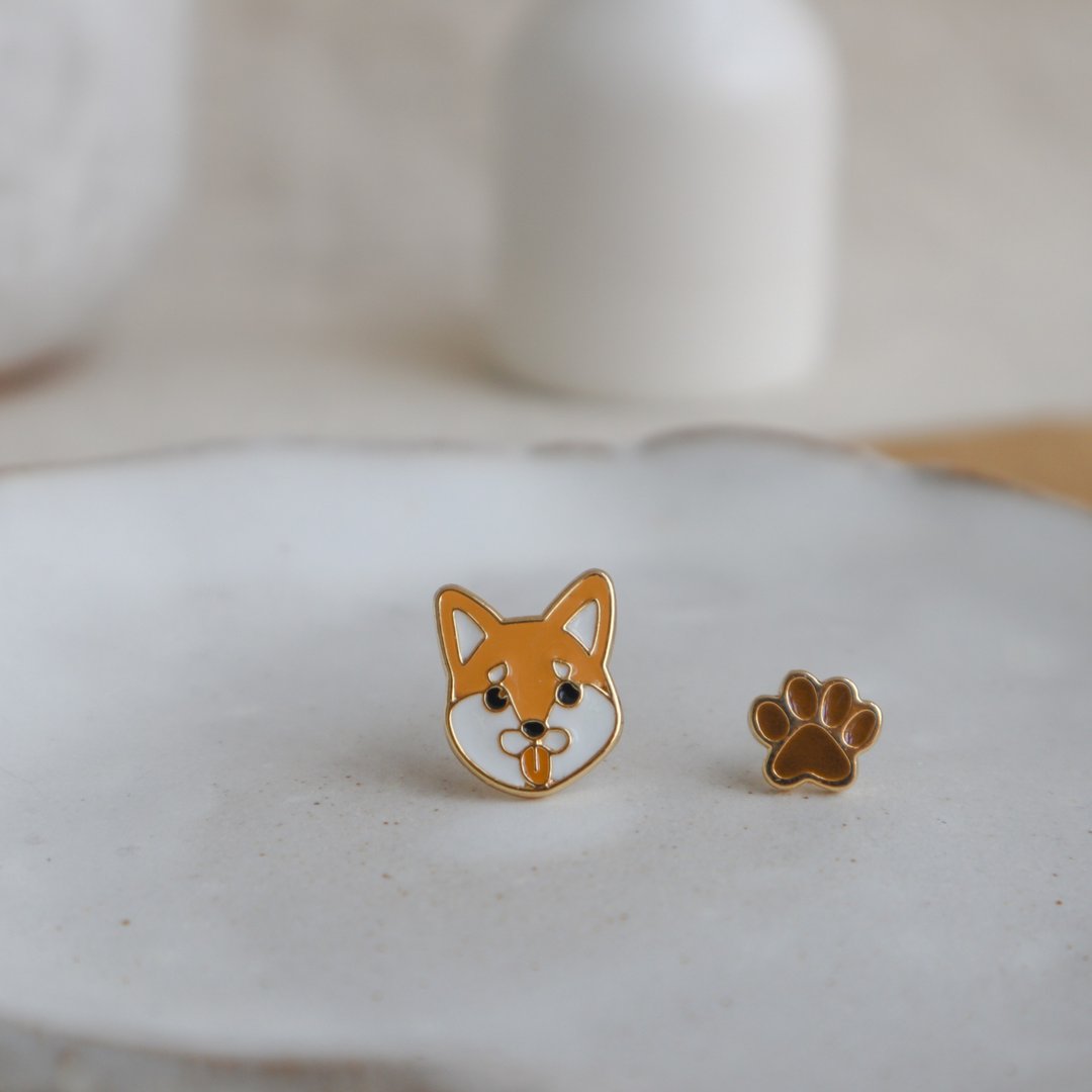 柴犬 Shiba  夹式 耳环 生日礼物 宠物饰品 狗狗 纸盒包装 - 耳环/耳夹 - 珐琅 橘色