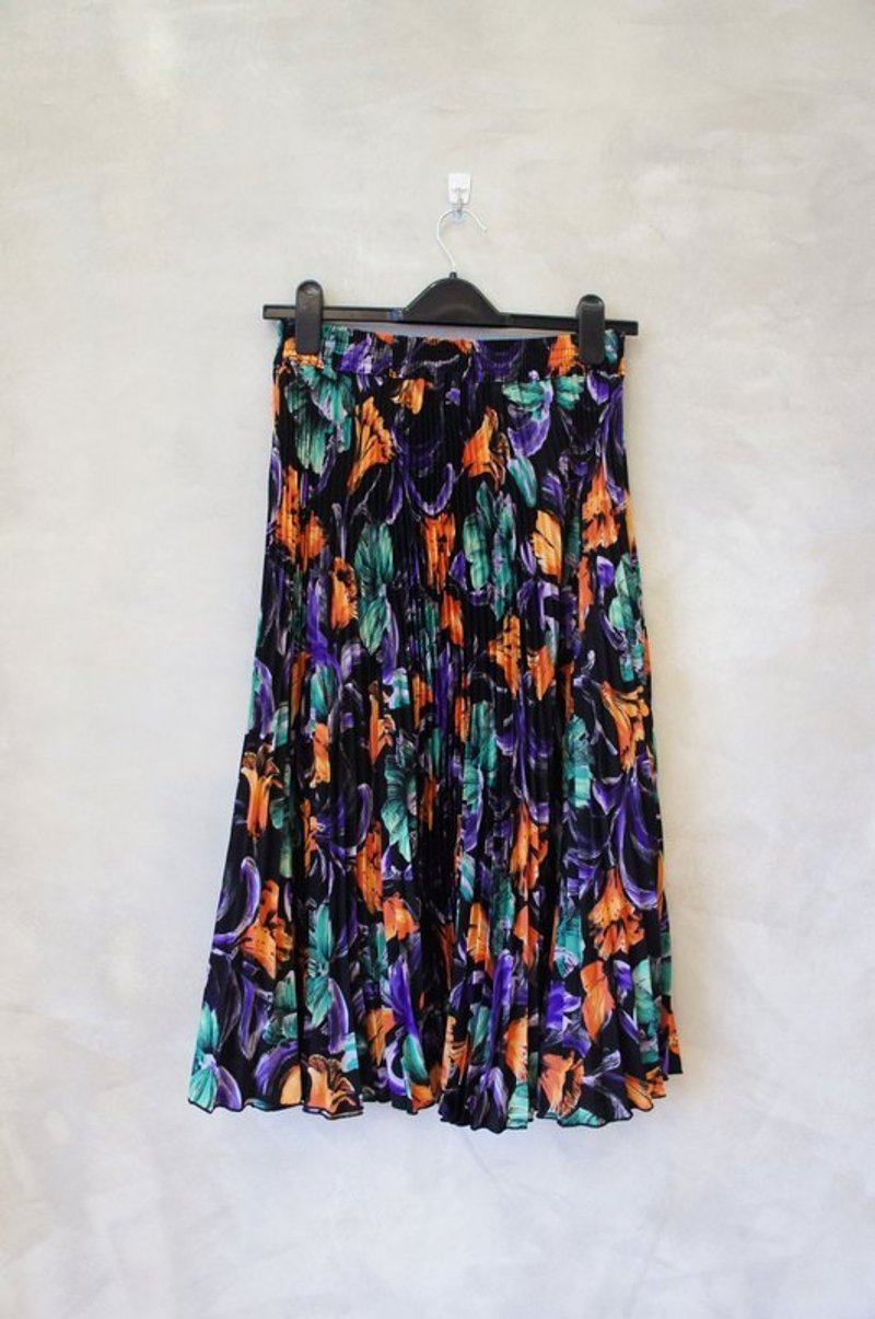 黑底紫橘绿印花百褶裙  古着 - 裙子 - 其他材质 多色