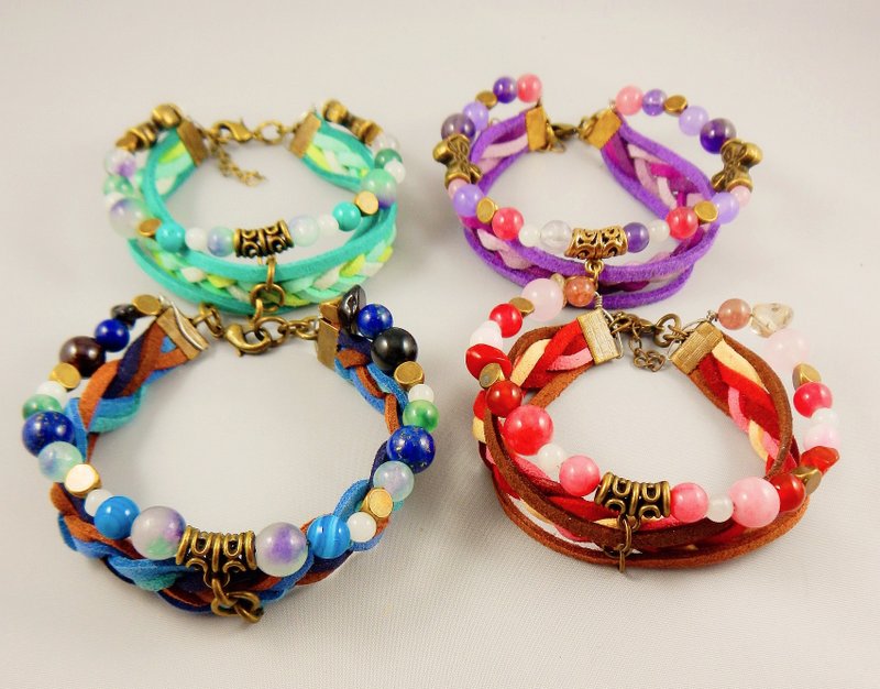 <god leading> 手作宝石 守护石头 幸运 个人独特 手环 - 手链/手环 - 真皮 多色