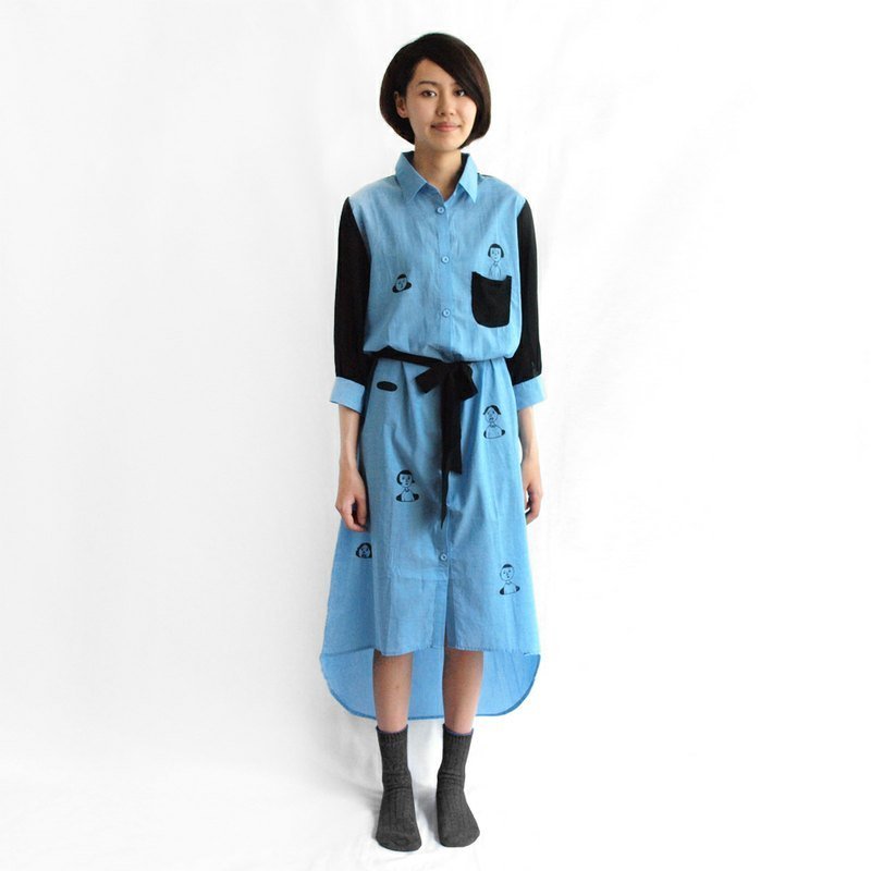 【M0305】HEY SUN独立手作品牌·冒出头来的打地鼠同学拼接前短后长衬衫 - 女装衬衫 - 其他材质 蓝色