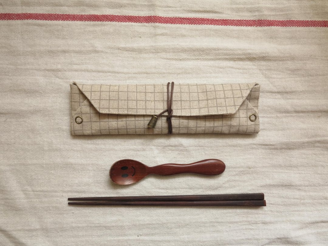 【开动了】个人餐具袋 (棉麻格子) - 其他 - 其他材质 卡其色