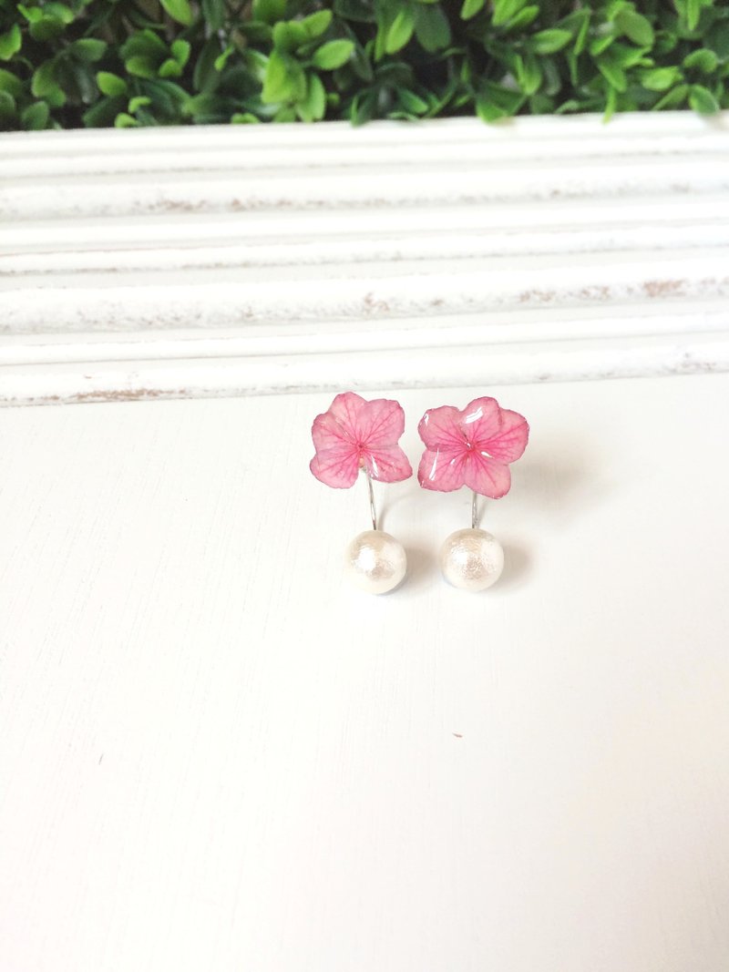 *Haku·Neko* 粉红绣花真花后棉棉珠耳托耳环 (两用) - 耳环/耳夹 - 植物．花 蓝色
