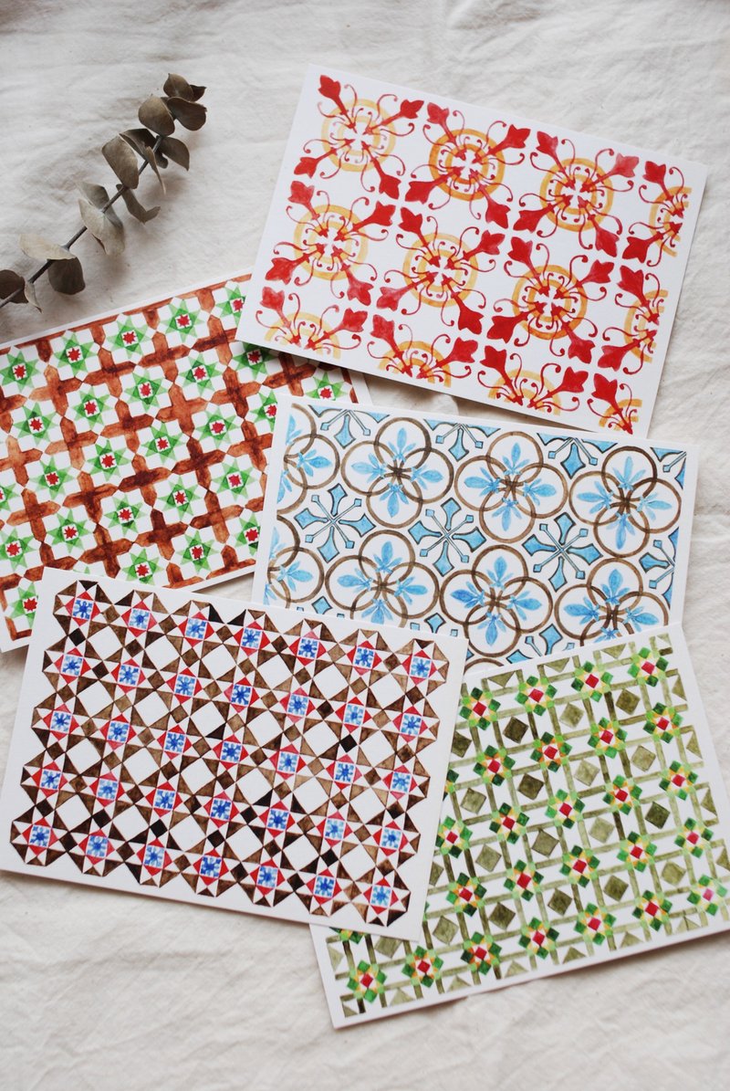Silver-Yang 手绘明信片|| 马来西亚。花砖系列 Majolica Tiles - 卡片/明信片 - 纸 多色