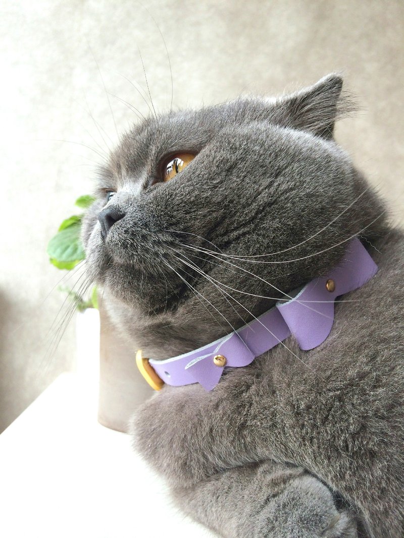 Zemoneni 全手作 牛皮革 多色 浅紫色 蓝色 宠物项圈 配饰 猫猫 狗狗 领结 猫圈圈 狗圈圈 毛孩礼物 - 项圈/牵绳 - 真皮 紫色