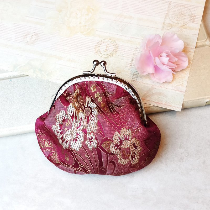 褐紫红色菊花丝锦缎口金包 零钱包(CS-002) - 零钱包 - 丝．绢 红色