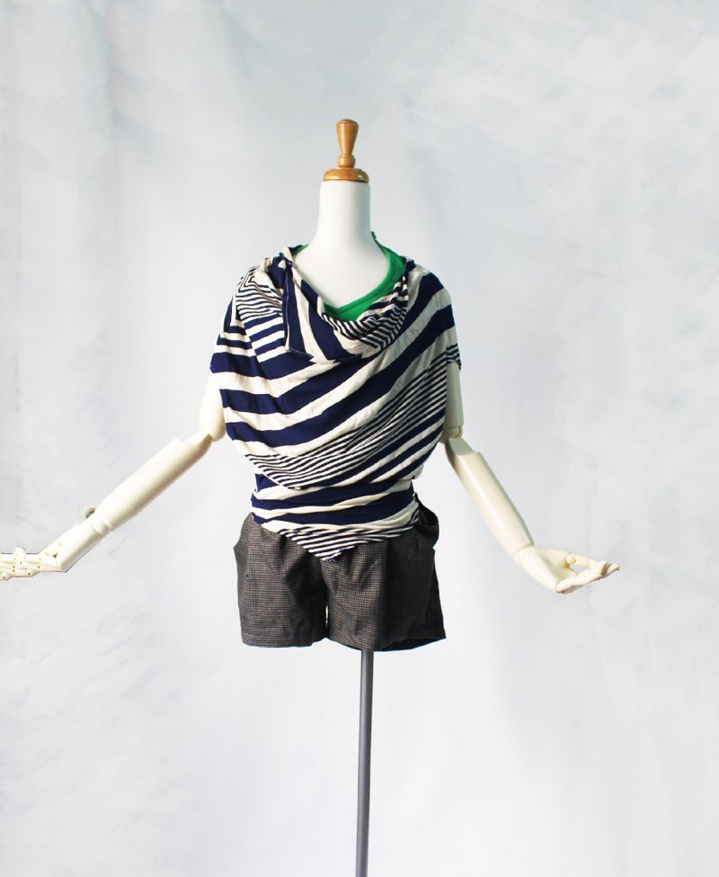 蓝色6号公路**设计款 多穿变化型/小 飞鼠袖 /大翻领 罗马领/白 蓝条纹/条纹T /弹性T/T恤 - 女装 T 恤 - 其他材质 蓝色