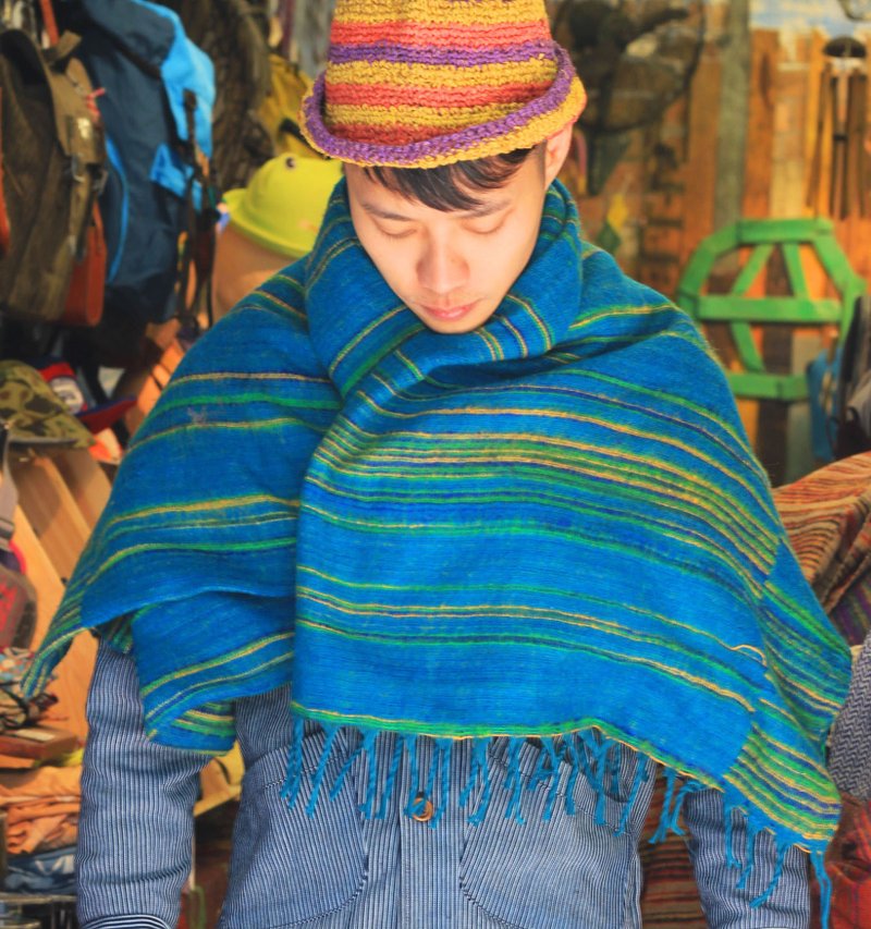 EARTH.er  │尼泊尔手织牦牛毛毯/披肩 "蓝绿色彩纹" ● Nepal Yak Wool Hand Weaving Blanket│ :: 香港原创设计品牌 :: - 丝巾 - 羊毛 蓝色