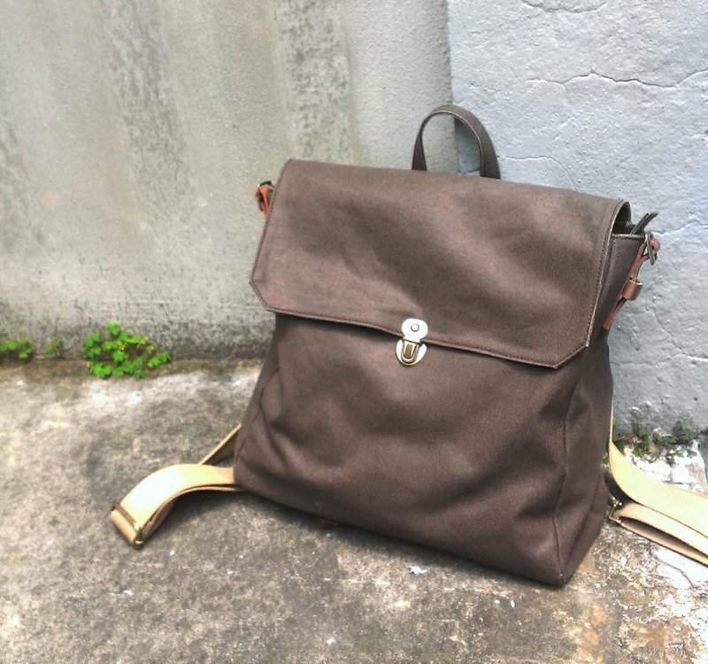  ~小孩以上.大人未满~后背侧背多用方包(油蜡咖啡) - 侧背包/斜挎包 - 真皮 咖啡色