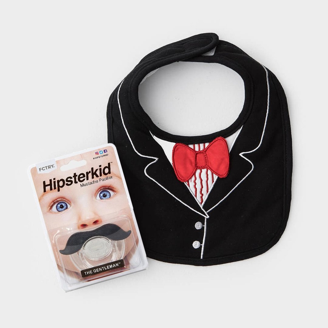 美国FMC X Hipsterkid 男婴礼盒-绅士宝宝2件组 红领结围兜+奶嘴 - 满月礼盒 - 棉．麻 多色