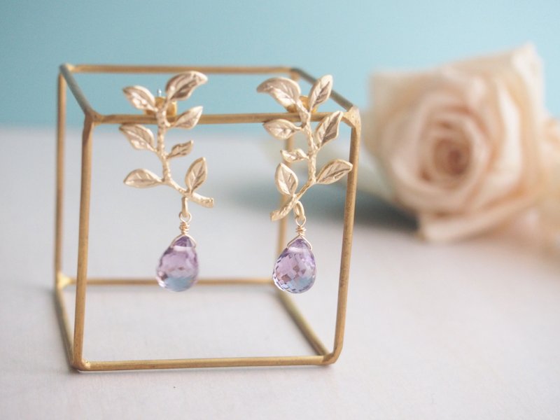 Rose leaf amethyst earrings - 耳环/耳夹 - 其他金属 