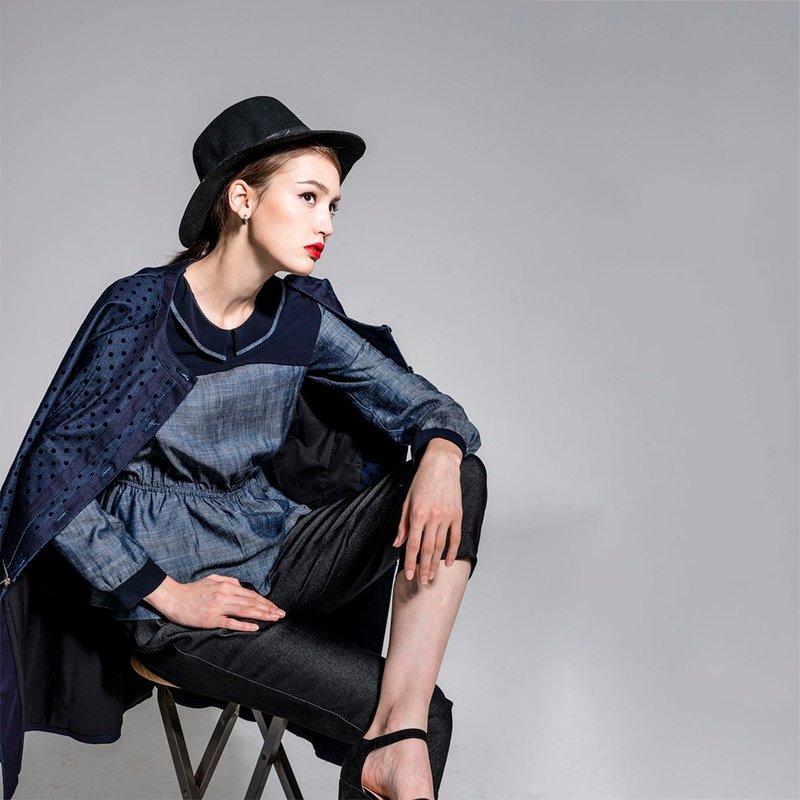 可拆卸剪接长版大衣-深蓝 NOVI 单宁 - 女装休闲/机能外套 - 其他材质 蓝色