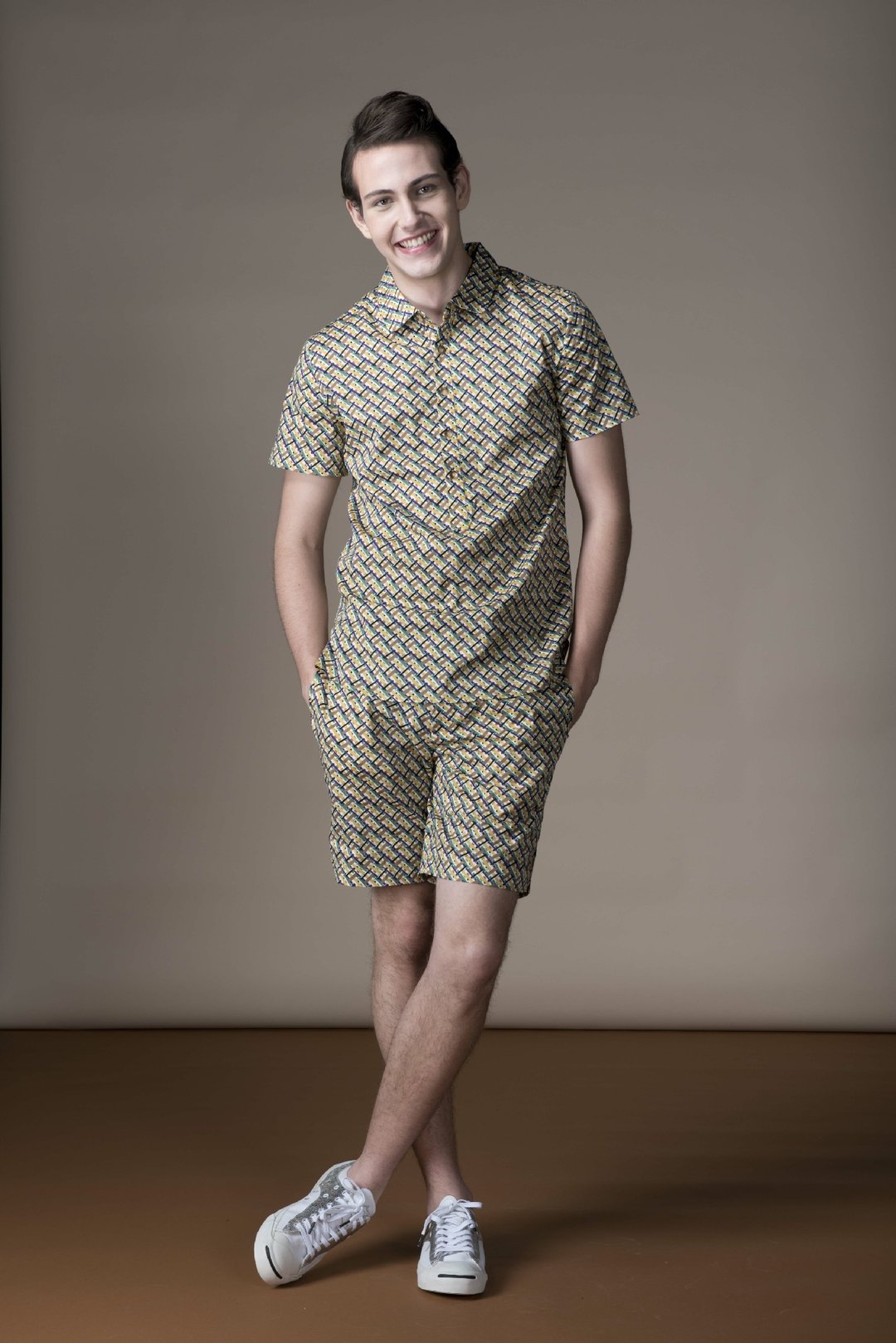 Sevenfold Cross Printed Short Sleeved Shirt (Brown/Yellow) 交叉印花短袖衬衫 (棕/黄) - 男装衬衫 - 棉 