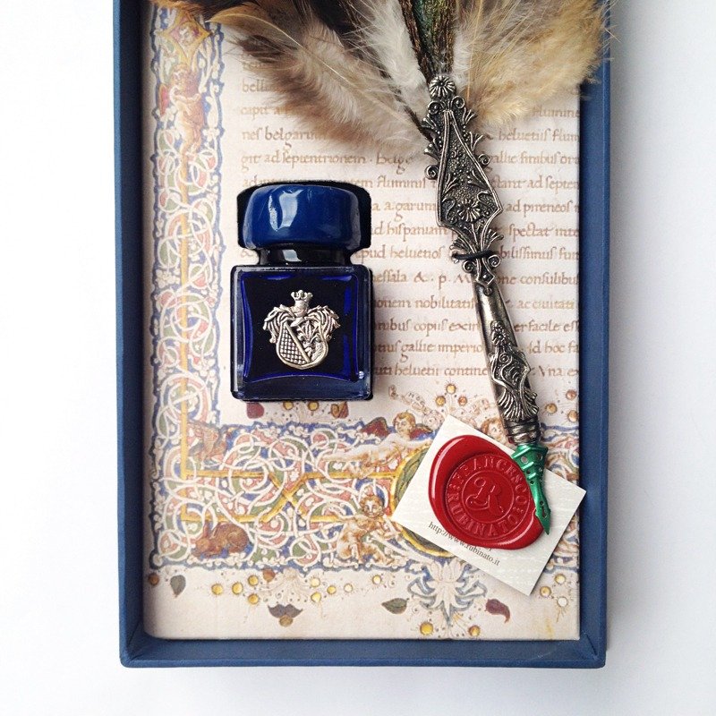 MD/06 意大利尊爵孔雀雕花墨水礼盒 | Francesco Rubinato - 蘸水笔 - 其他材质 蓝色