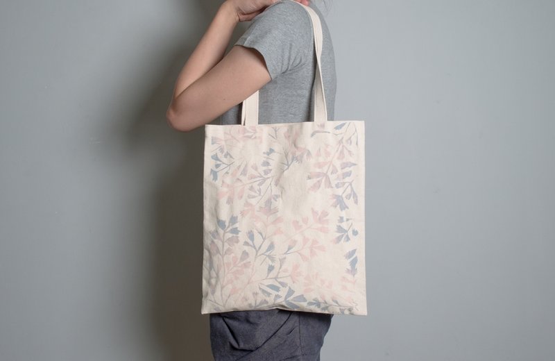 手绘手印 胚布提袋【花叶】单面/双面 手提/肩背 玫黄/玫灰 - 侧背包/斜挎包 - 棉．麻 多色