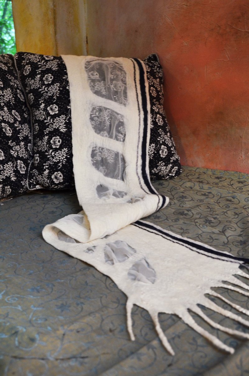 蓝灰条纹长围巾 - 丝巾 - 羊毛 