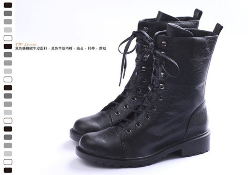 帅气黑蜥蜴纹绑带高筒军靴(目前现有尺寸为40#) - 女款休闲鞋 - 真皮 黑色
