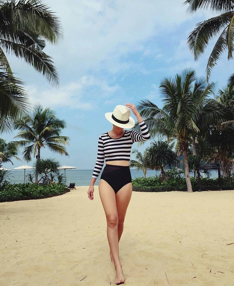 条纹长袖复古泳衣 - 女装泳衣/比基尼 - 其他材质 黑色