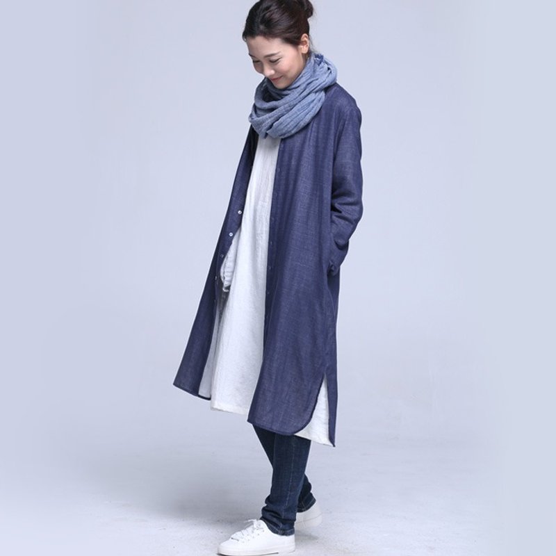 禪風雙層棉紗凈色中性寬鬆襯衫 男友襯衫 中山領  深藍SH140406 - 旗袍 - 棉．麻 蓝色