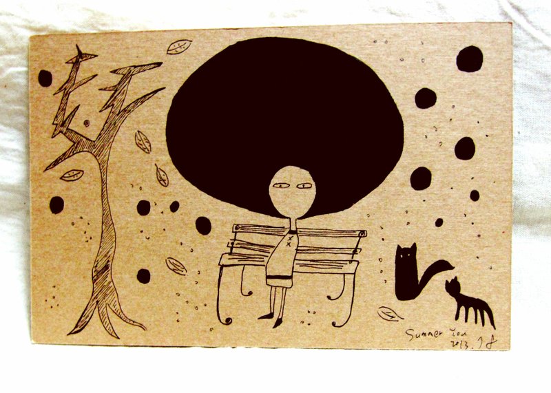 大头症女孩万用明信片-秋天想念篇 - 卡片/明信片 - 纸 金色