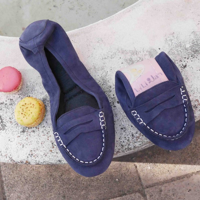 【柔质棉花糖】折叠莫卡辛鞋_普鲁士蓝 - 女款休闲鞋 - 真皮 蓝色