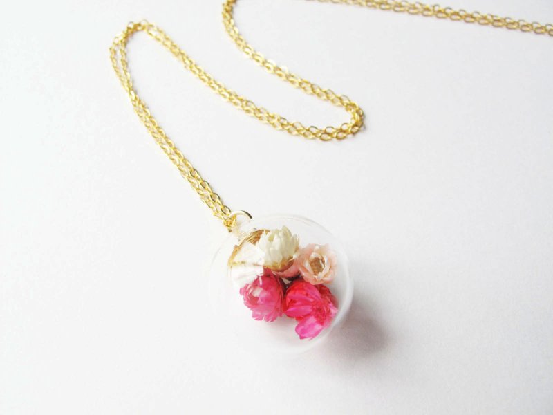 ＊Rosy Garden＊春日红色系小雏菊干燥花水晶玻璃球项链 - 颈链 - 玻璃 红色