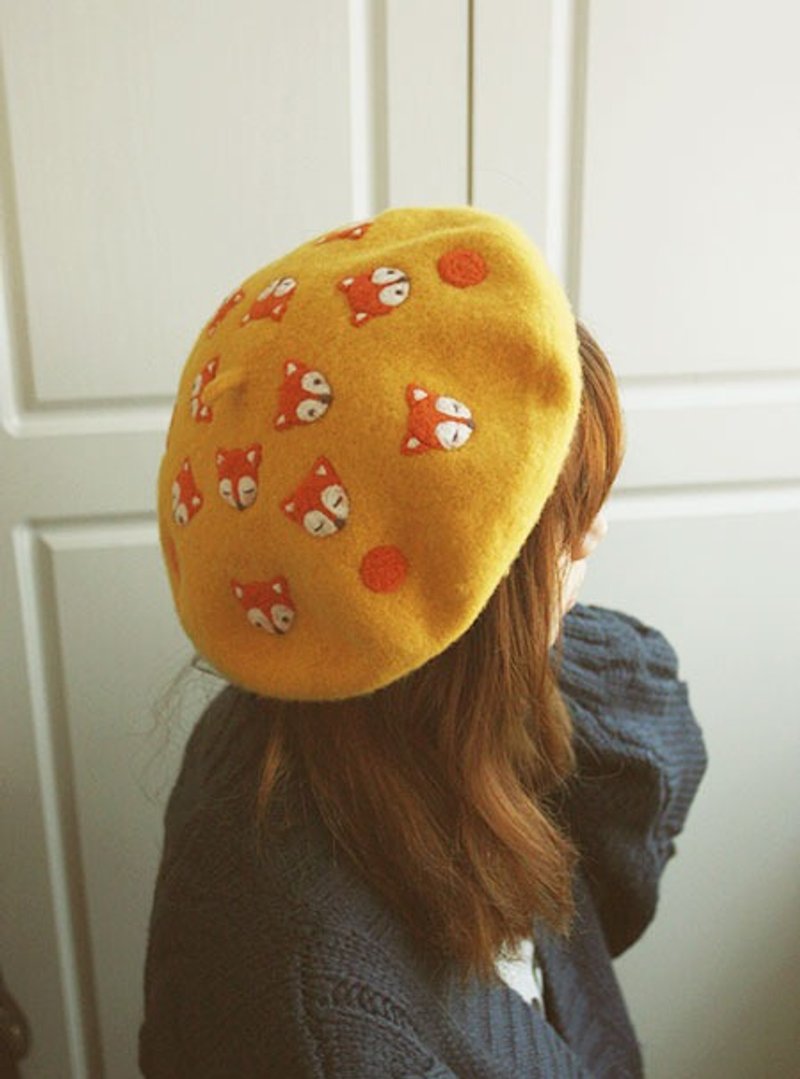 秋日森林俏皮狐狸羊毛毡画家帽 - 帽子 - 羊毛 橘色