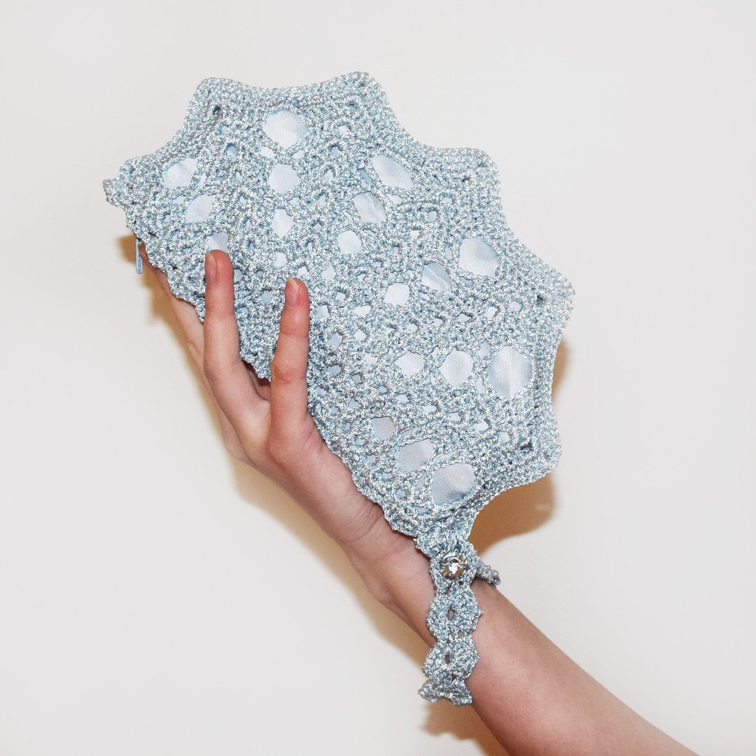 Ice Blue Wristlet Bag - Sparkling Blue Crochet Purse - Small Formal Lace Clutch Bag With Swarovski Crystal Button - 其他 - 其他材质 蓝色
