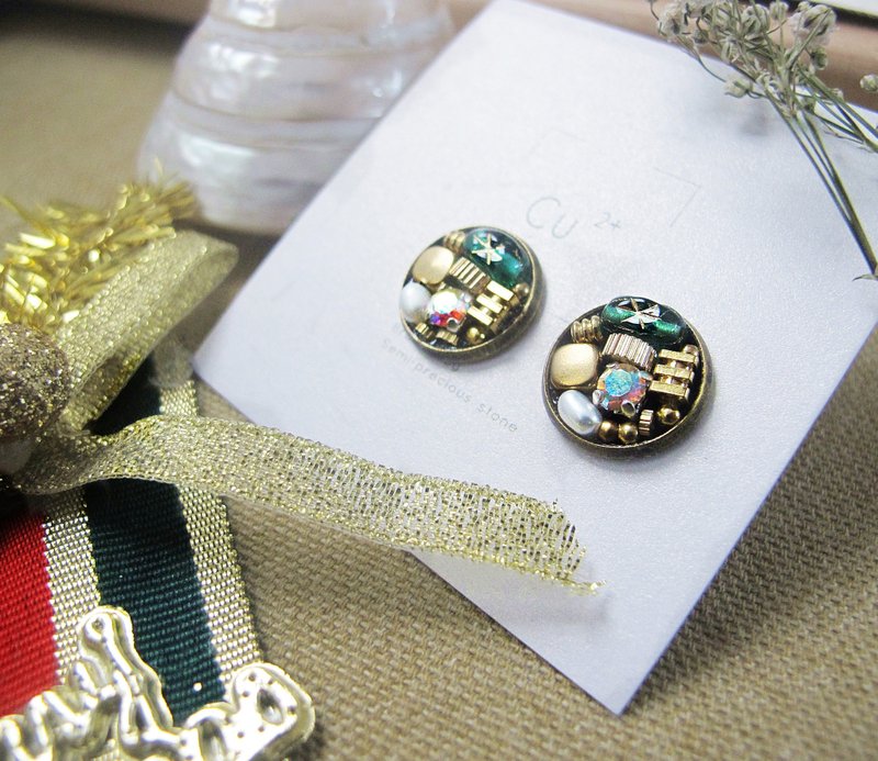 独家设计 手工珠宝盒大耳环(对) / 复刻系 祖母绿 - 耳环/耳夹 - 其他金属 绿色