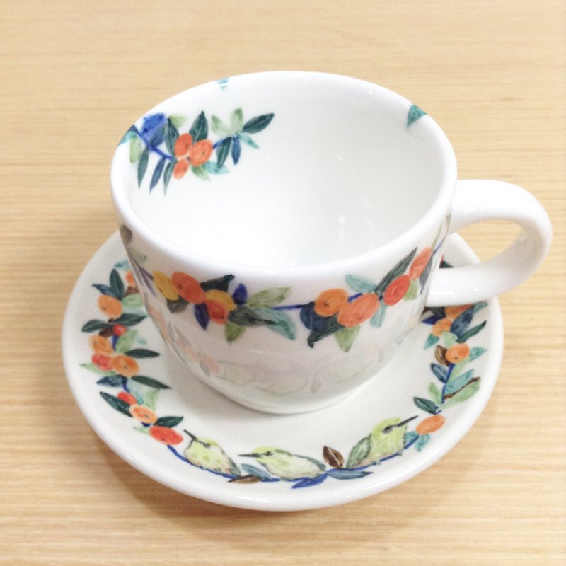 绿绣眼+橘子叶串 -【可定制文字】手绘浓缩咖啡杯组 - 咖啡杯/马克杯 - 瓷 多色