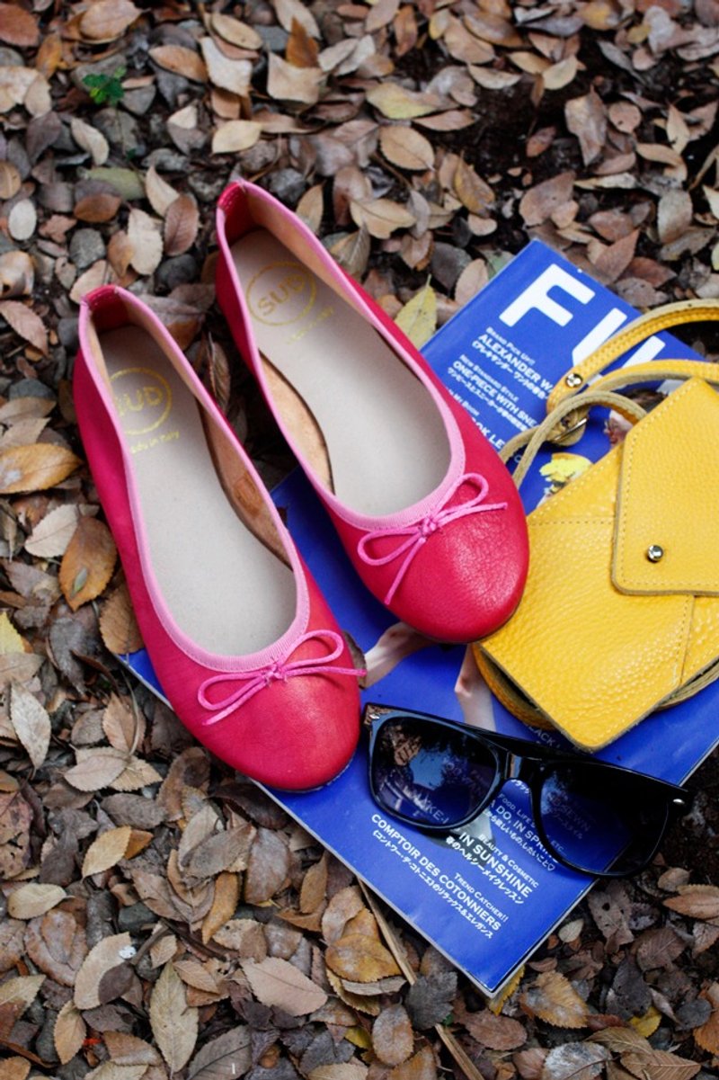 意大利牛皮芭蕾鞋Macaron野樱红 - 女款休闲鞋 - 真皮 红色