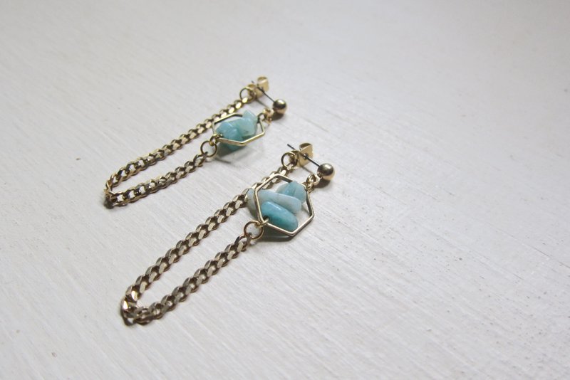 Amazonite天河石六角几何//高雅极简//垂炼耳环 - 耳环/耳夹 - 宝石 蓝色