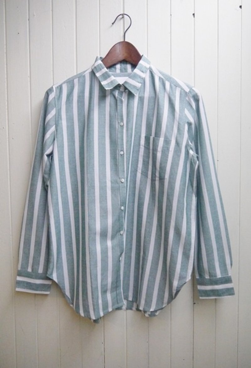 棉嫘萦 丹宁蓝加白色长袖条纹衬衫 - 女装衬衫 - 棉．麻 