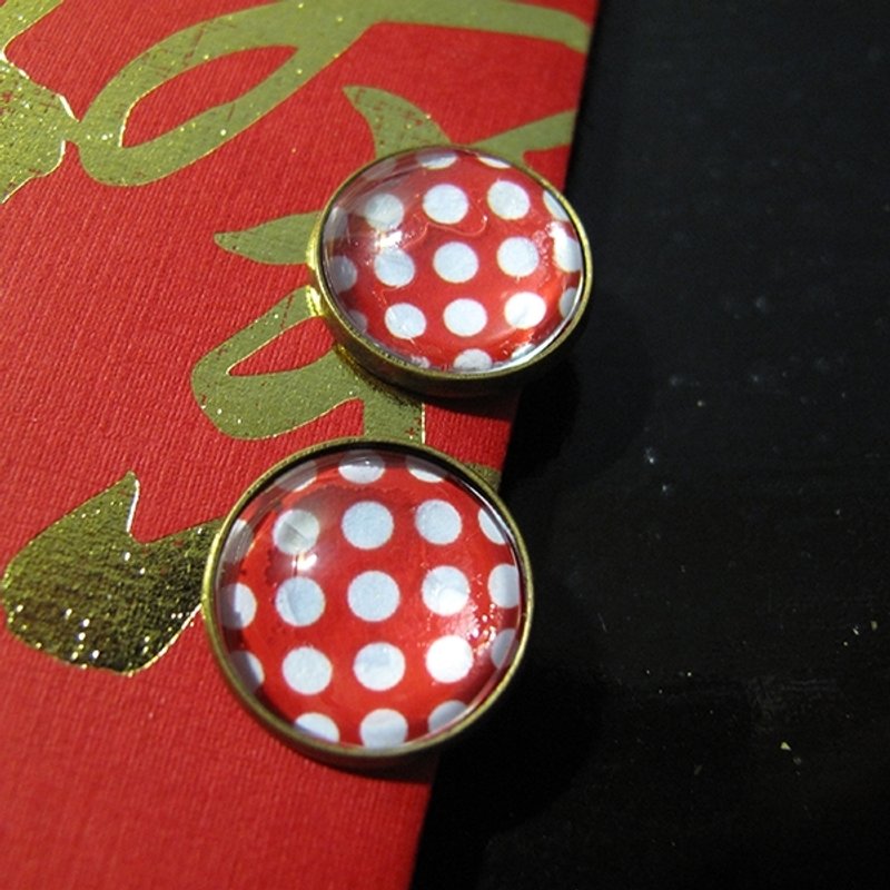 圆形耳夹耳针 - 红白点点风 - 耳环/耳夹 - 其他金属 红色