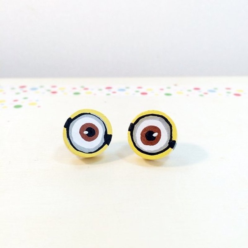 手绘木头耳针-小小兵 - 耳环/耳夹 - 木头 黄色