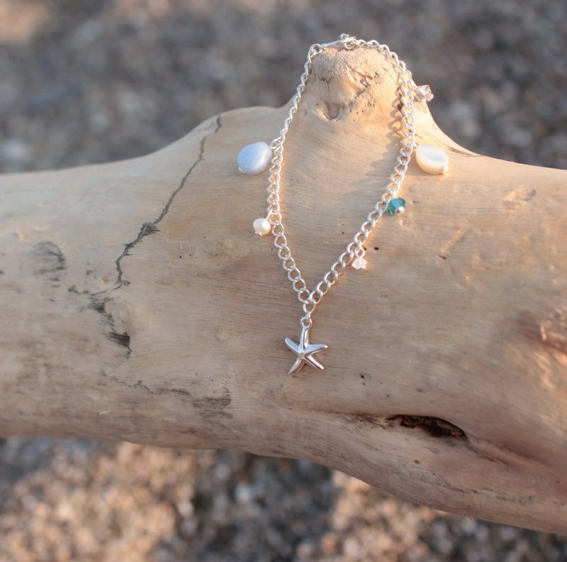 *hippie* Ocean Mint│薄荷海洋 银白蓝珍珠贝壳海星水晶纯银手链 - 手链/手环 - 其他金属 多色