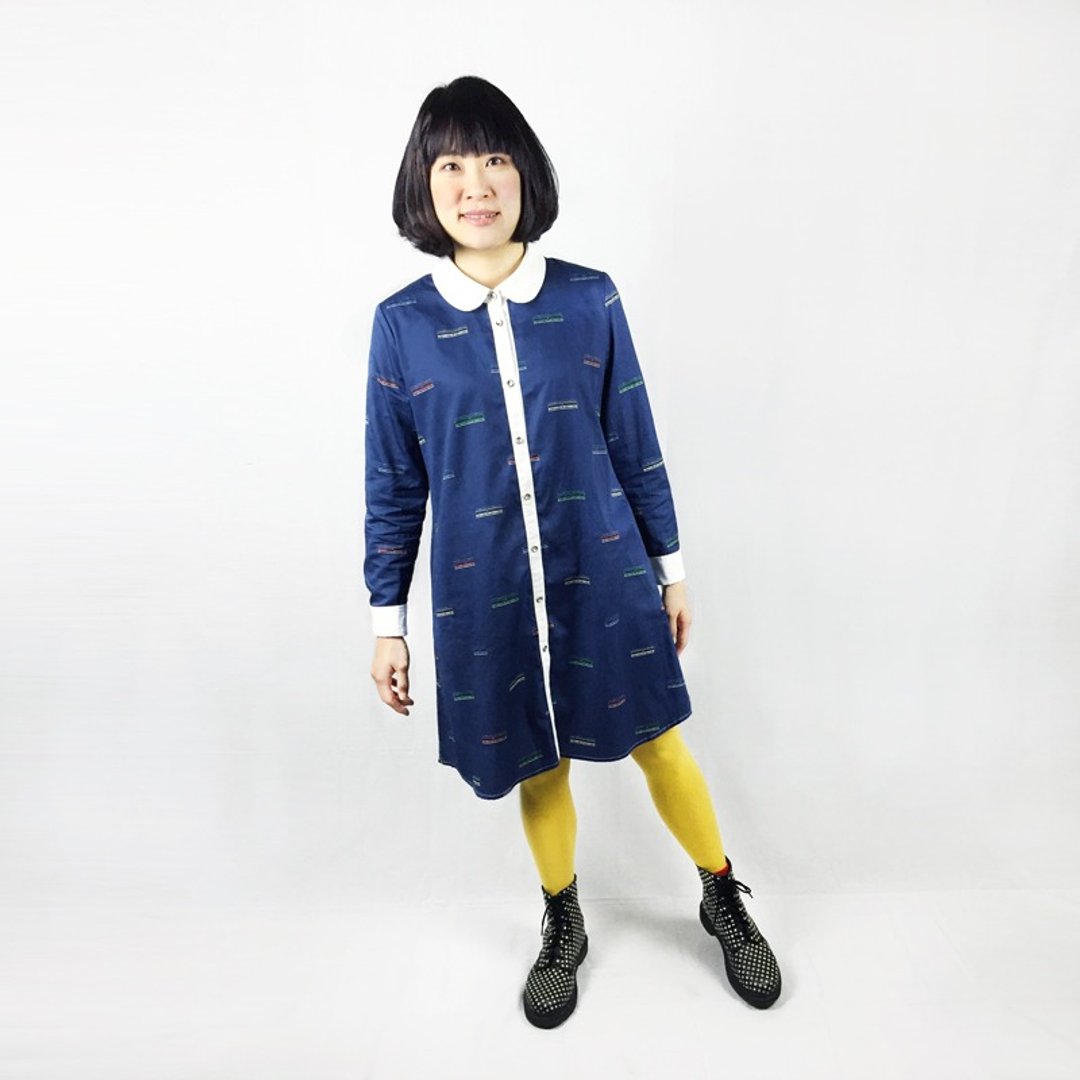 东京电车 ● 圆领口袋长衬衫 - 女装衬衫 - 棉．麻 蓝色