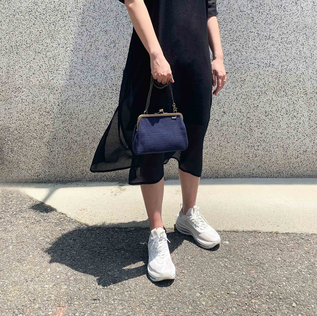 湛蓝棉线编织 口金包 手拿包 侧背包 肩背包 随身包 编织包 - 侧背包/斜挎包 - 棉 蓝色