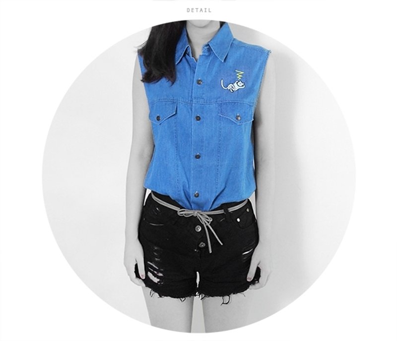 【墨儿推荐】白日梦懒猫喵／牛仔背心．男女同版．last one - 女装背心 - 其他材质 蓝色